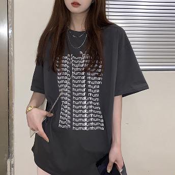 デザイン性抜群  韓国系  プリント アルファベット ビックシルエット半袖 Tシャツ
