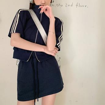 「単品注文」韓国系 POLOネック ジッパートップス + 無地 着痩せ効果 スカート 二点セット