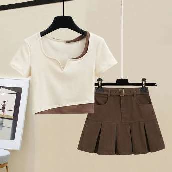 【単品注文可】可愛いデザイン カジュアル 配色 半袖 Tシャツ+ハイウエスト プリーツスカート 2点セット