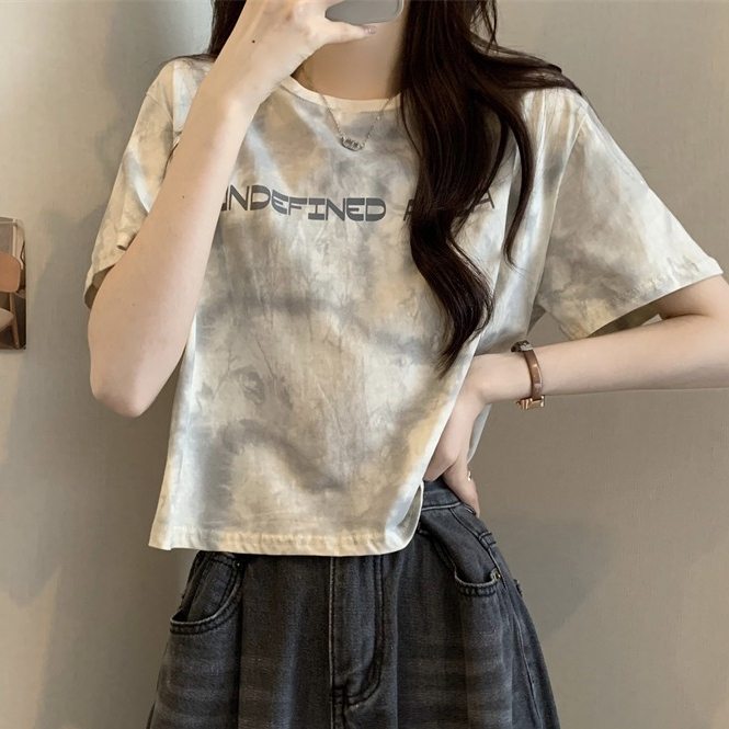 韓国風ファッション 3色展開 レトロ アルファベット 絞り染め 体型をカバー ショート丈 Tシャツ