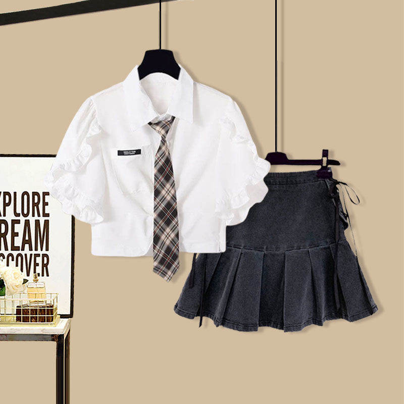 「単品注文」 スウィート フリル 半袖 シャツ 「単品注文」 個性デザイン デニムスカート 上下セットアップ