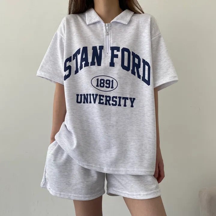 韓国風ファッション カジュアル POLOネック アルファベット 半袖 Tシャツ+体型をカバー 無地 ショートパンツ 2点セット