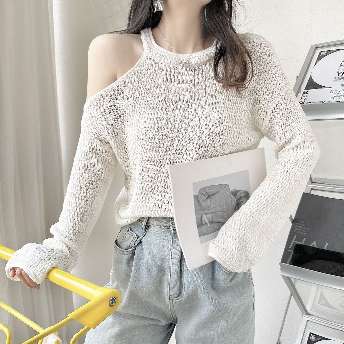韓国風ファッション 全4色 シンプル 無地 透かし編み オープンショルダー 日焼け止め ニットTシャツ