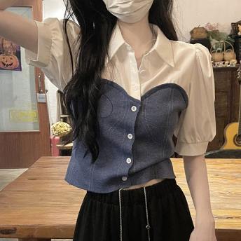 デザイン性抜群 韓国系 配色 シングルブレストレイヤード 切り替え ショート丈 シャツ