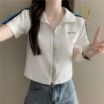 韓国風ファッション シンプル 配色 細身シルエット ジッパー POLOネックショート丈 ポロシャツ