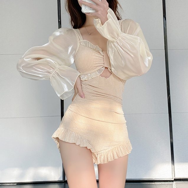 女っぽさが漂う フリル袖 可愛いビキニ 体型カバー 韓国風 セクシー ハイウエスト ワンピース水着