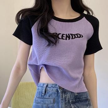 韓国風ファッション シンプル アルファベット 配色 切り替え ショート丈 ラウンドネックTシャツ