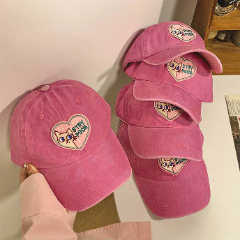 絶対欲しい 可愛いデザイン ピンク 配色 ねこ プリント 帽子