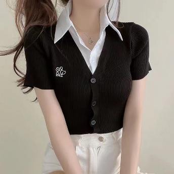 人気を獲得♡ 韓国系 伸縮性あり 配色 POLOネック シングルブレスト レイヤードTシャツ