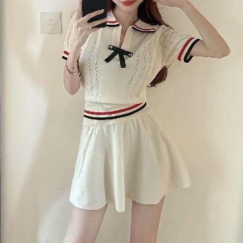 韓国風ファッション スウィート 配色 POLOネック 半袖 トップス+Aラインショート丈 スカート 二点セット