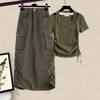 【単品注文】個性的なデザイン 目を奪われる ストリート系 シンプル Tシャツ+ハイウエスト レトロ スカート 二点セット