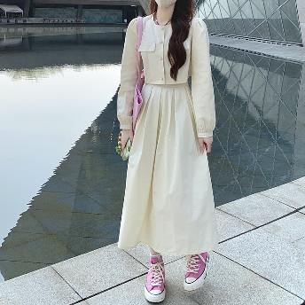 韓国風ファッション 無地 秋 ラウンドネック ジャケット + シンプル Aライン スカート 上下セットアップ