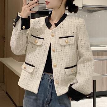 高見えデザイン エレガント チェック柄 シングルブレスト 韓国系 着痩せ効果 ノーカラーツイードジャケット