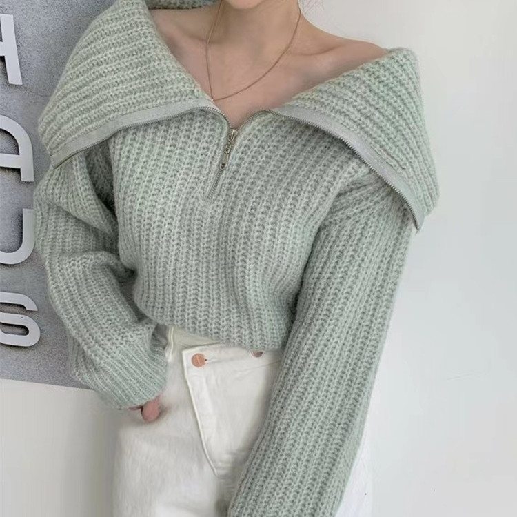 上品なシルエット 韓国系 無地 ファスナー アンプルライン 折り襟 柔軟加工 ニットセーター