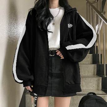韓国風ファッション カジュアル 配色 パーカー アルファベット フード付き 長袖 切り替え カーディガン