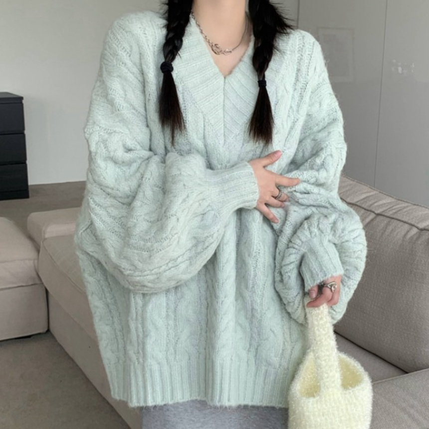 韓国風ファッション スウィート 無地 オーバーサイズ感 Vネック ランタンスリーブ 防寒 ニットセーター