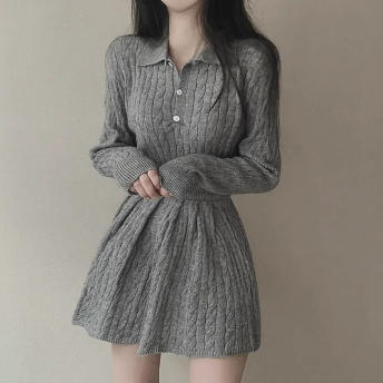 韓国風ファッション 無地 折り襟 長袖 トップス + プリーツスカート スウィート 柔軟加工 二点セット