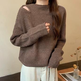 可愛いデザイン 韓国系 ファッション ラウンドネック 透かし彫り 無地 ニットセーター