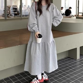 韓国ファッション ゆったり 体型をカバー ラウンネック パーカーワンピース