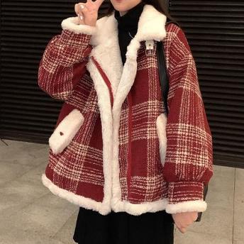 韓国風ファッション スウィート 裏起毛 ビックシルエット 折り襟 ジッパー チェック柄 防寒 ダウンコート