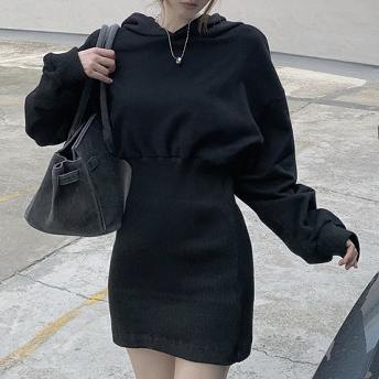 韓国ファッション 着痩せ 個性デザイン ハイウエスト フード付き カジュアル パーカーワンピース