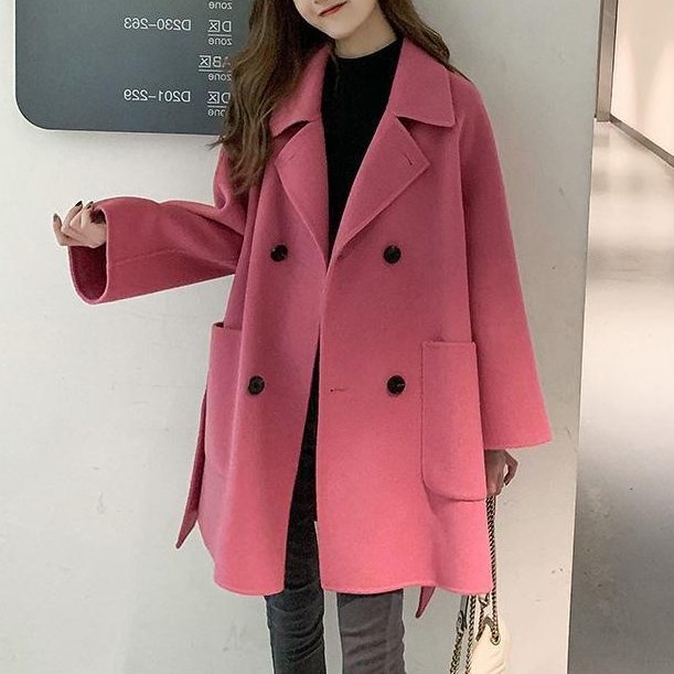 韓国風ファッション シンプル 無地 ダブルブレスト ベルト付き ラシャ コート
