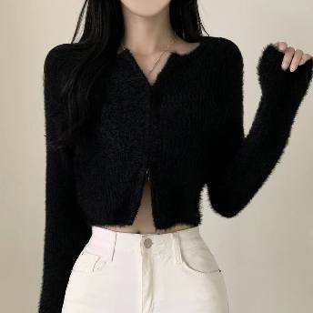 韓国風ファッション 全4色 スウィート 伸縮性あり ジッパー ラウンドネック ショート丈 細身シルエット ニットセーター