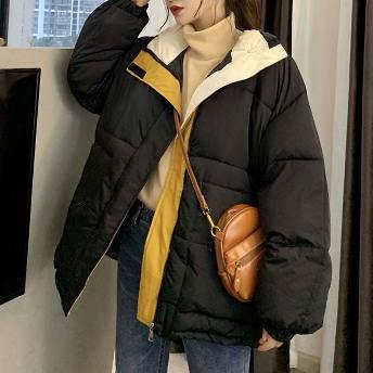 欠かせない 韓国系 配色 ビックシルエット ジッパー 体型をカバー フード付き ダウンコート