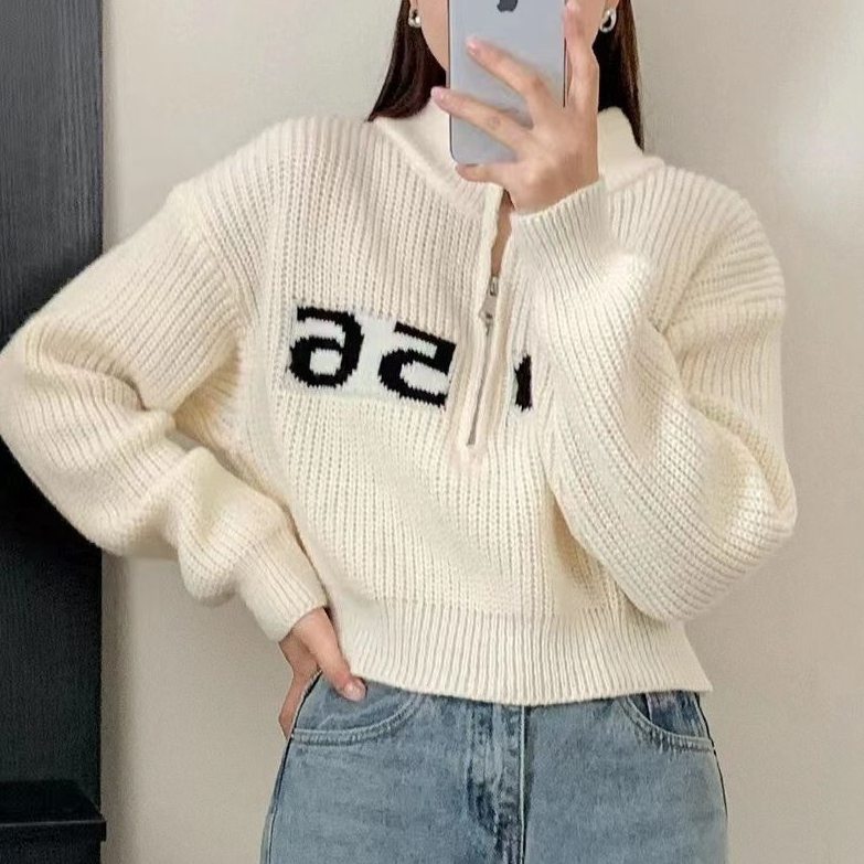 ファッション感満々 6色選べる 韓国系 アルファベット 防寒 スタンドネック ファスナー ニットセーター
