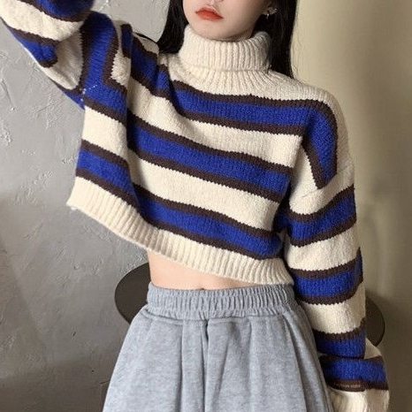 組み合わせ自由 韓国風ファッション ボーダー 配色 アンプルライン ハイネック ショート丈 ニットセーター