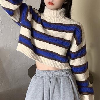 組み合わせ自由 韓国風ファッション ボーダー 配色 アンプルライン ハイネック ショート丈 ニットセーター