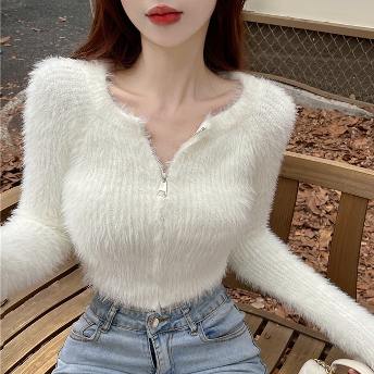 絶対可愛い 韓国風ファッション  スウィート 伸縮性あり 無地 ジッパー 細身シルエット ショート丈 ニットセーター