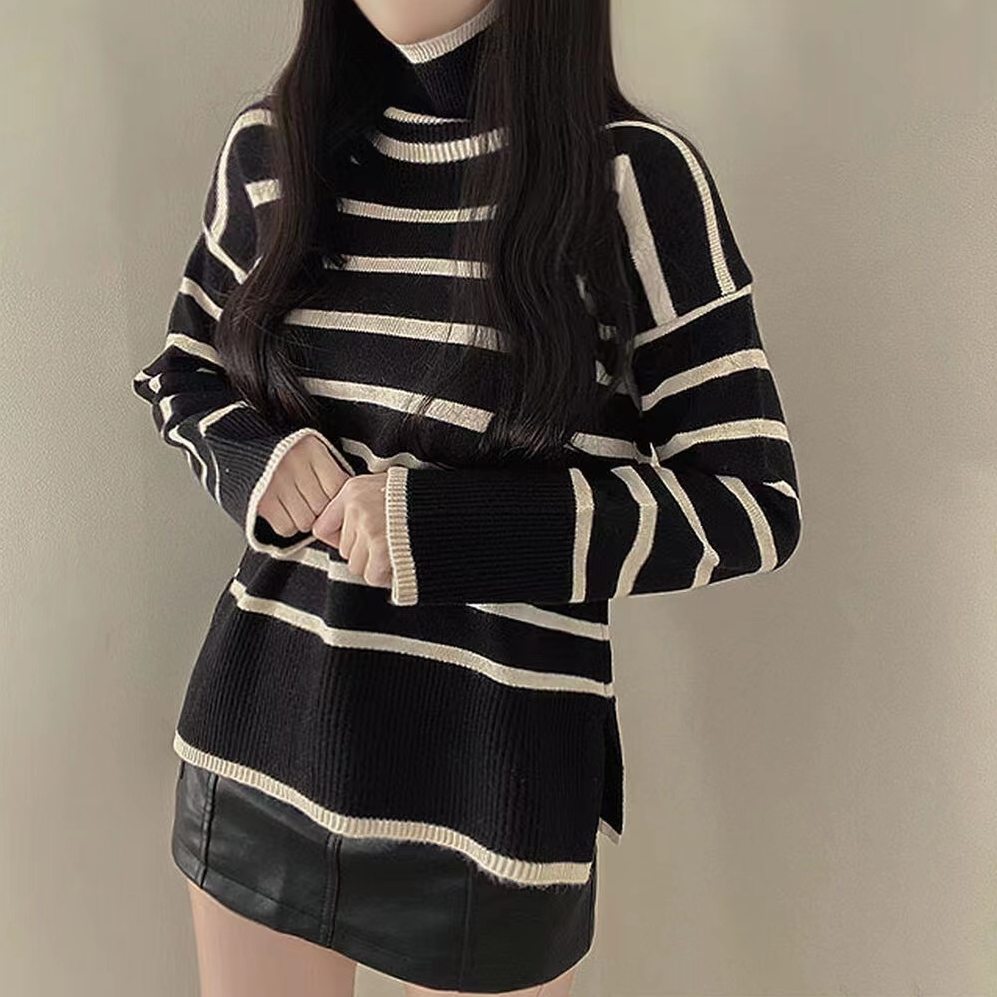 韓国風ファッション カジュアル 配色 ボーダー ビックシルエット ハイネック スリット ニットセーター