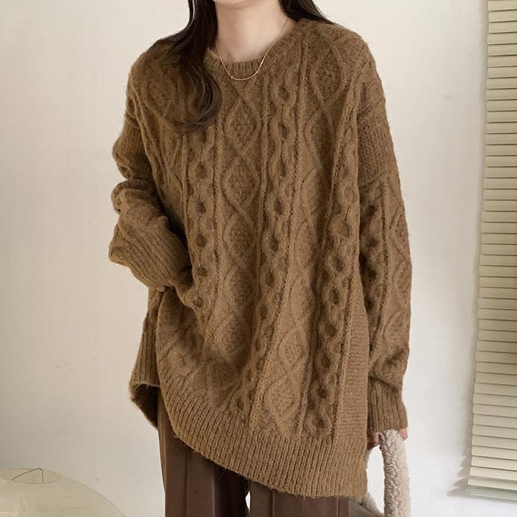 気質アップ 韓国風 ファッション 無地 シンプル ケーブル編み ビックシルエット ニットセーター
