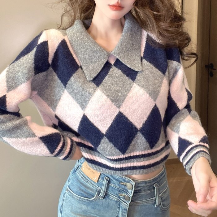 超かわいい スウィート 韓国系 フェミニン POLOネック 配色 チェック柄 着痩せ ニットセーター