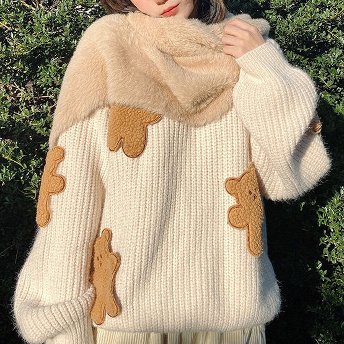 超可愛いスウィート 熊刺繡 ラウンドネック アンプルライン 厚手 ニットセーター