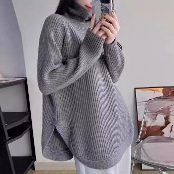 韓国風ファッション カジュアル 全5色 無地 ビックシルエット ハイネック 柔軟加工 スリット ニットセーター