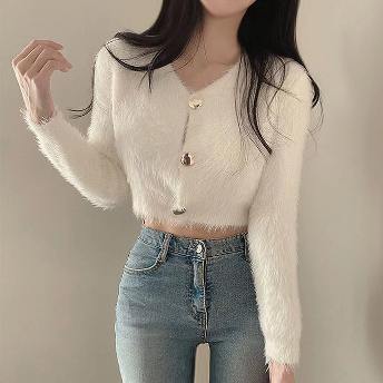 韓国風ファッション 全4色 ガーリッシュ 無地 シングルブレスト Vネック ショート丈 ニットセーター