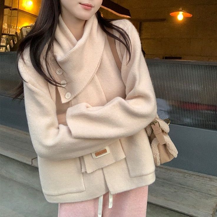 【2点セット】韓国系 スウィート シングルブレスト ニット 着痩せ +スカーフ 秋冬 ニットセーター