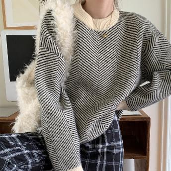 人気を獲得♡ カジュアル 配色 ツイル織り 防寒 柔軟加工 ラウンドネック ニットセーター