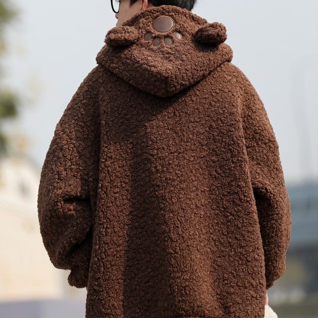 個性的なデザイン クマ柄 無地 フード付き ポーラーフリース 秋冬 メンズダウンコート