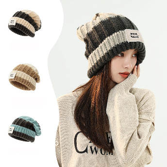 韓国風ファッション 配色 厚手 暖かい  切り替え ニット 20~40代 帽子