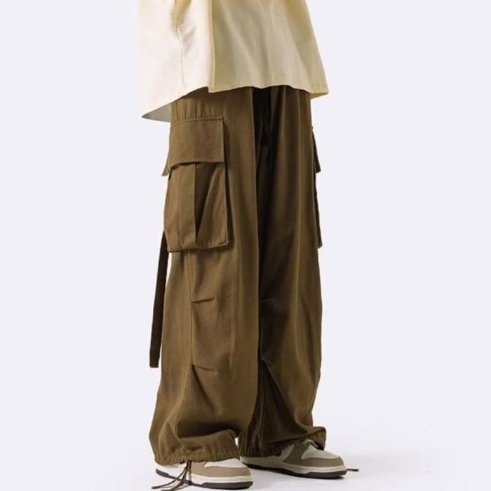 ストリート系 韓国系 レギュラーウエスト ボウタイ ポケット付き ロング丈 カジュアルパンツ