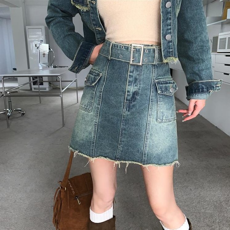人気を獲得♡ シンプル ファッション 韓国系 ベルト付き Aライン 無地 デニムスカート