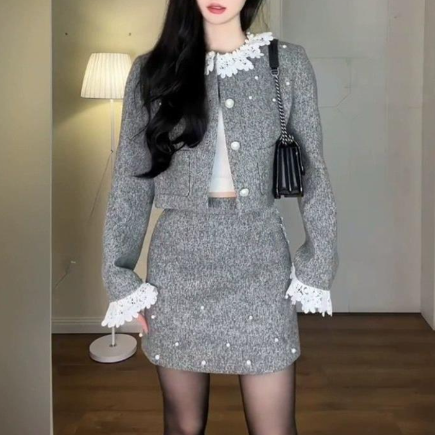 韓国風ファッション  2点セット 配色 シングルブレスト 着痩せ ノーカラーツイードジャケット+ショート丈 スカート上下セットアップ