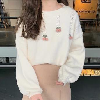 可愛いデザイン スウィート フルーツ 刺繍 ラウンドネック 体型をカバー ニットセーター