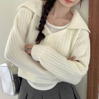 韓国系 スウィート 無地 柔軟加工 折り襟  ボタン ランダムティアード 秋冬 ニットセーター