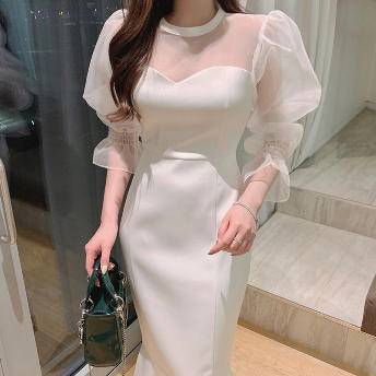 韓国風ファッション   無地 結婚式 ラウンドネック マーメイドスカート デートワンピース