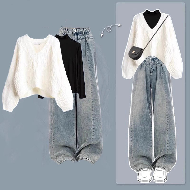 【単品注文】韓国風ファッション 無地   シンプル Tシャツ+Vネック ニット セーター+ハイウエスト デニムパンツ  3点セット上下セットアップ