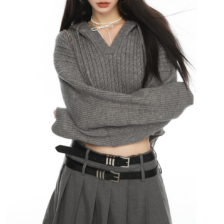 2色展開 韓国系 無地 フード付き 長袖 ファッション ニットセーター